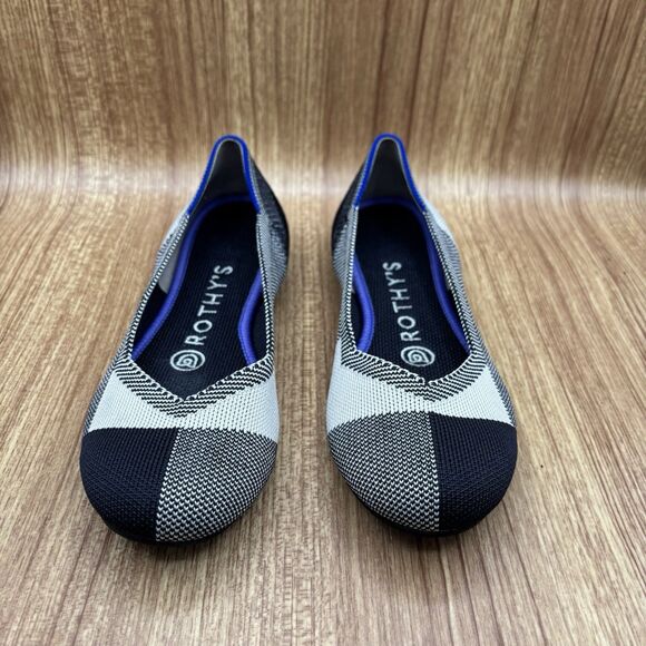 Rothys The Classic Flat Round Cap Toe Women’s 5.5 Black Cream Plaid Shoe Retired - Picture 2 of 7